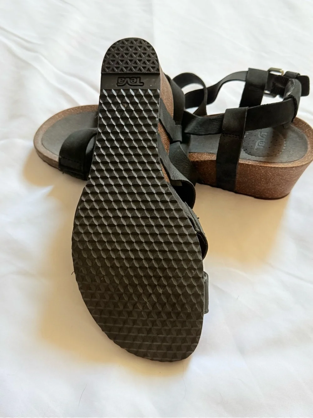 Teva Black Leather Cork Wedge Sandals Strappy Slingback Platform Shoes Size 9.5